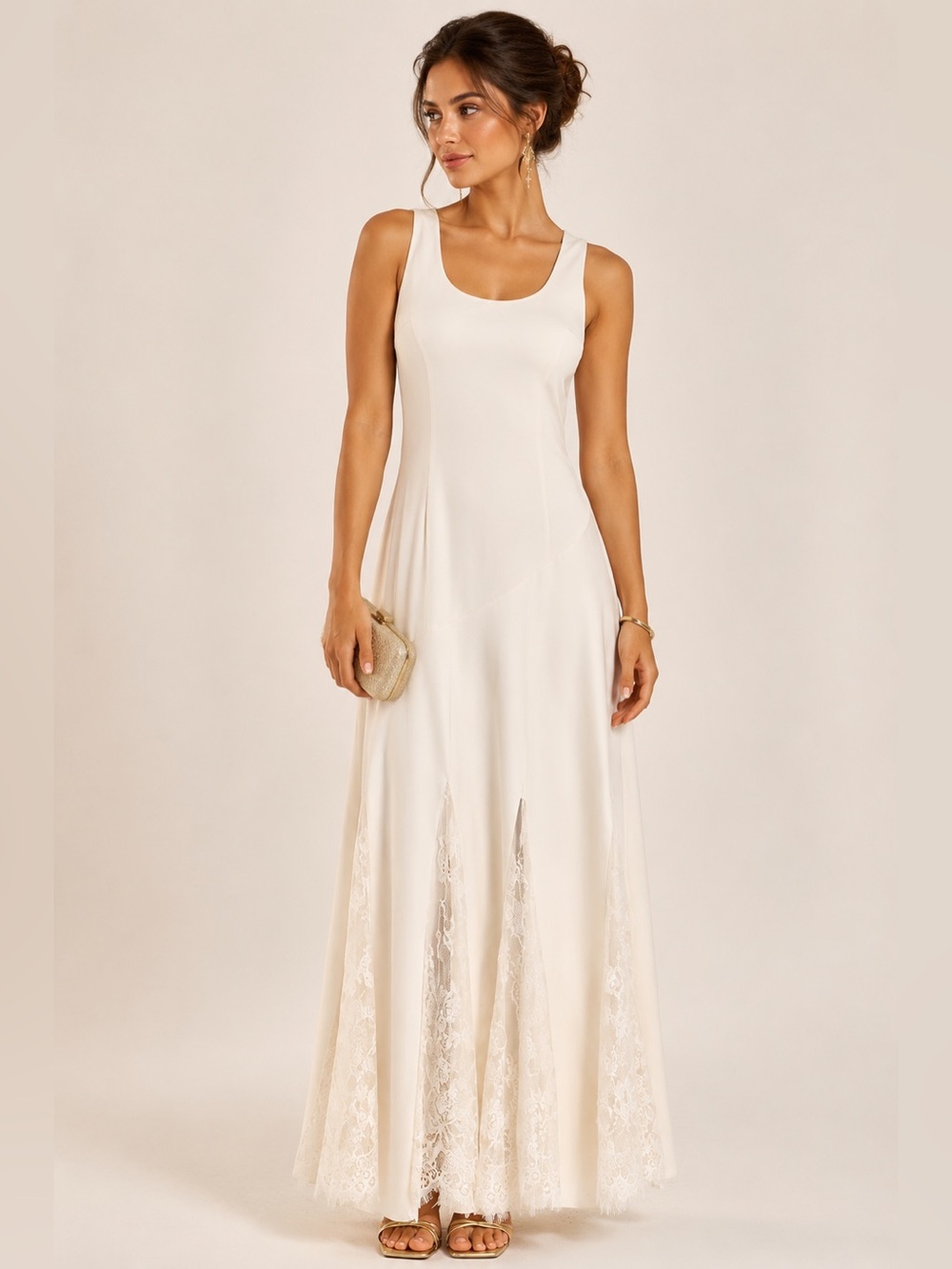 Sleeveless Cream Lace-Hem Maxi Dress